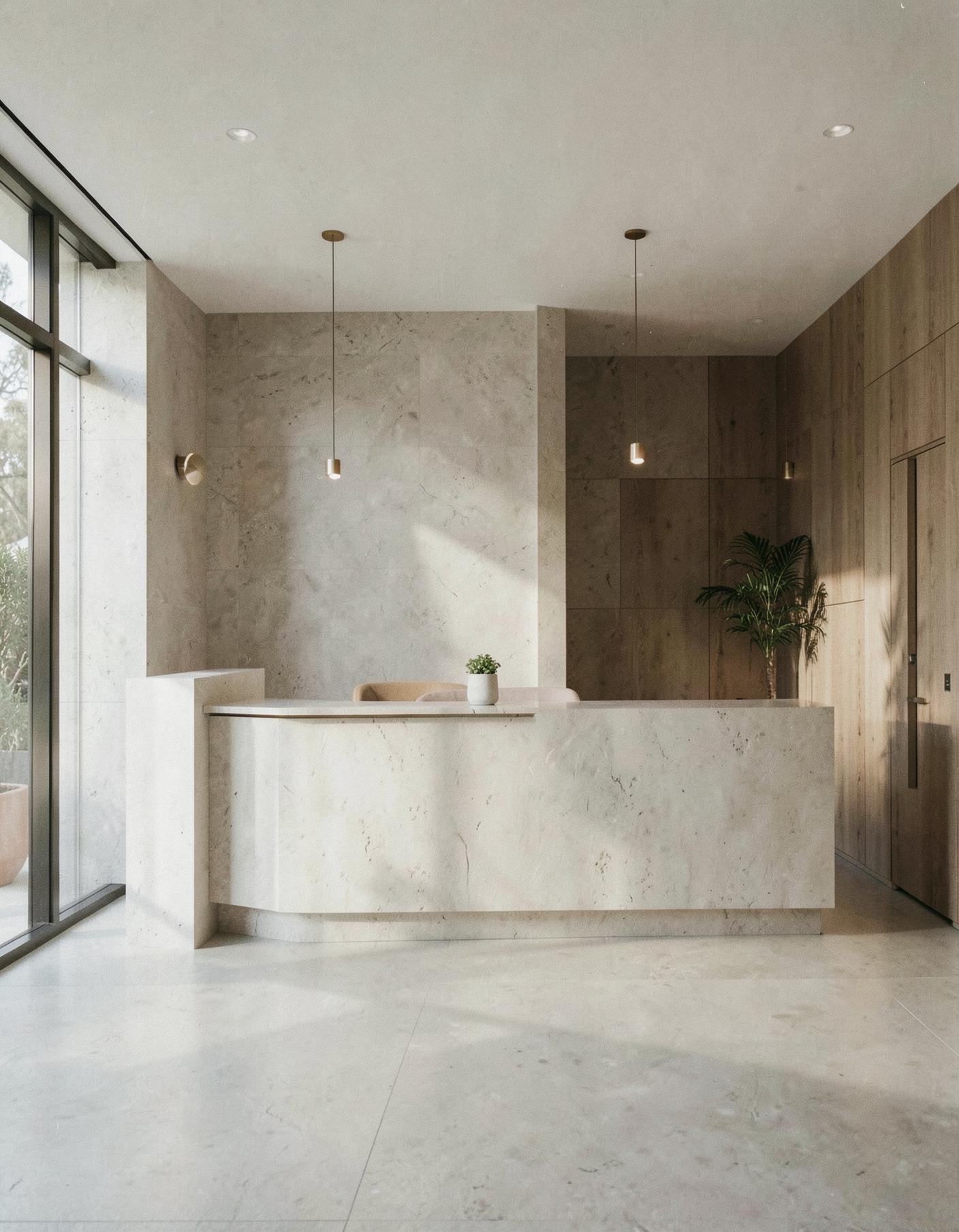 A calm, light-filled clinic reception in pale limestone and oak