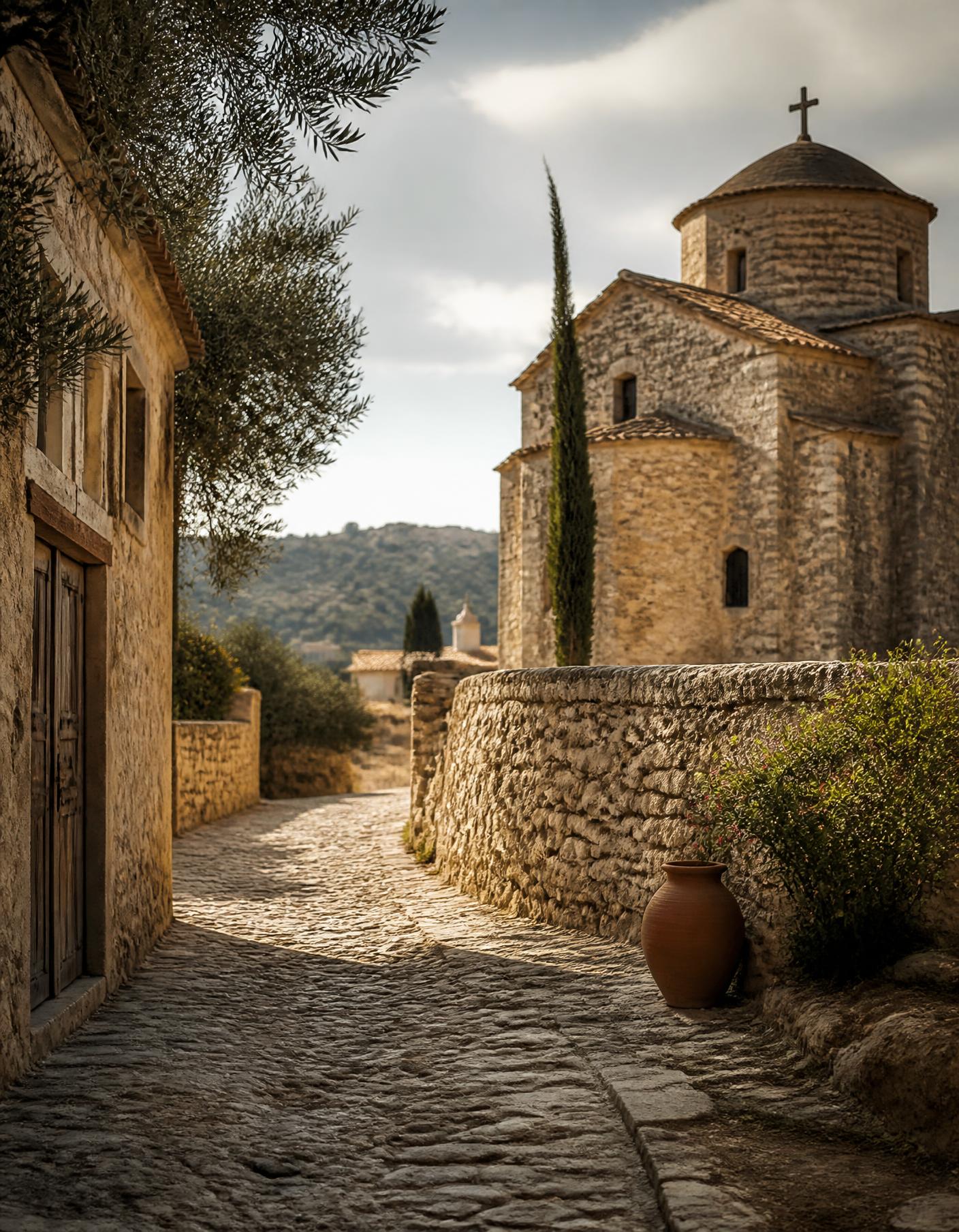 A cobbled stone lane beside a Byzantine chapel, the character of Limassol old town