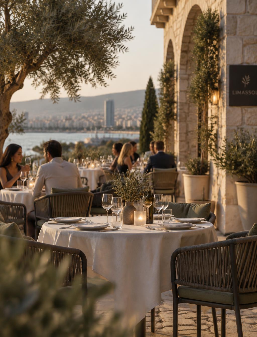 An elegant terrace restaurant in Limassol set for dinner in golden evening light