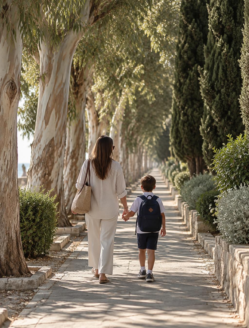 A parent and child walking a shaded tree-lined avenue in Limassol on a school morning