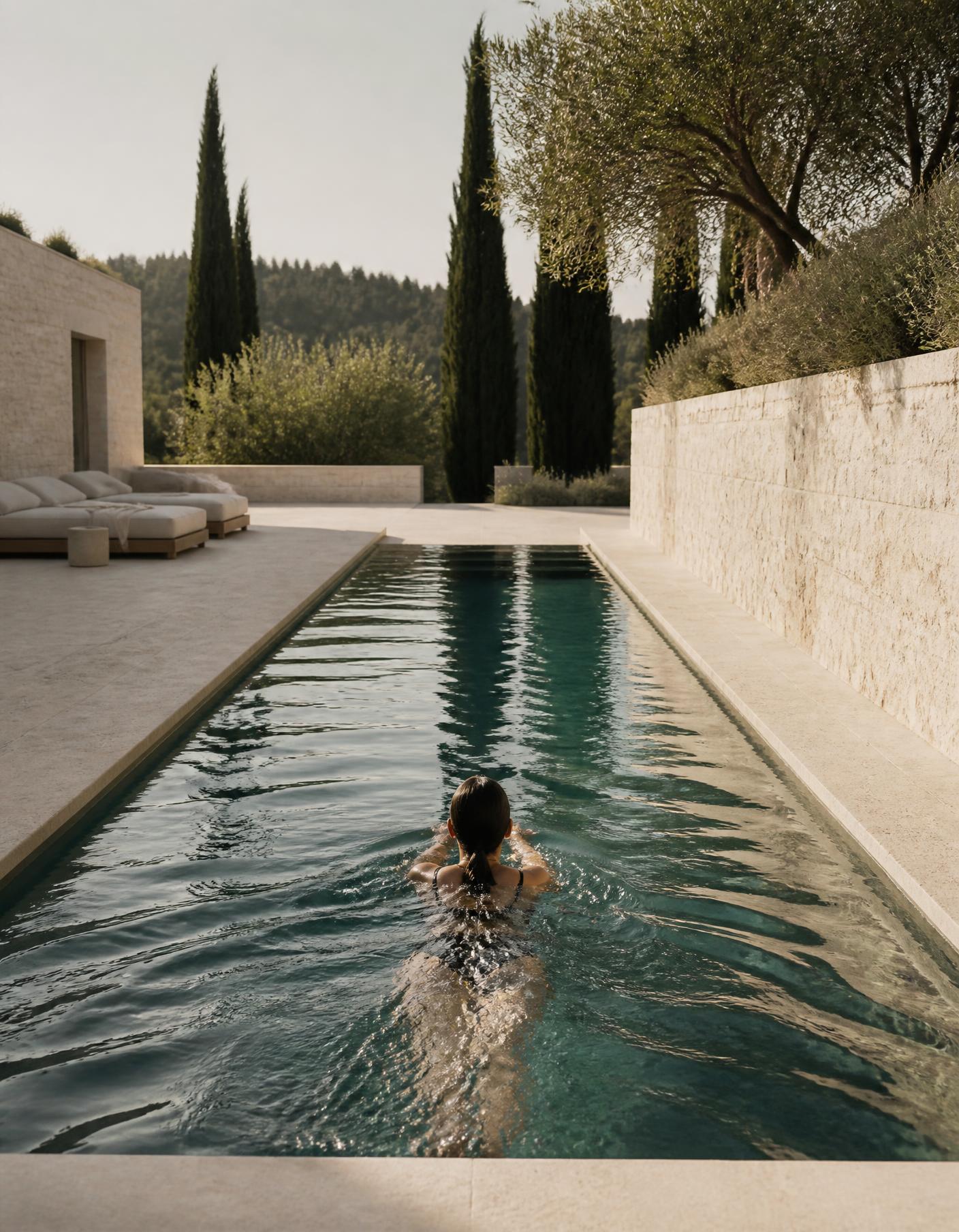 An early swim in a limestone lap pool framed by cypress trees and afternoon shade