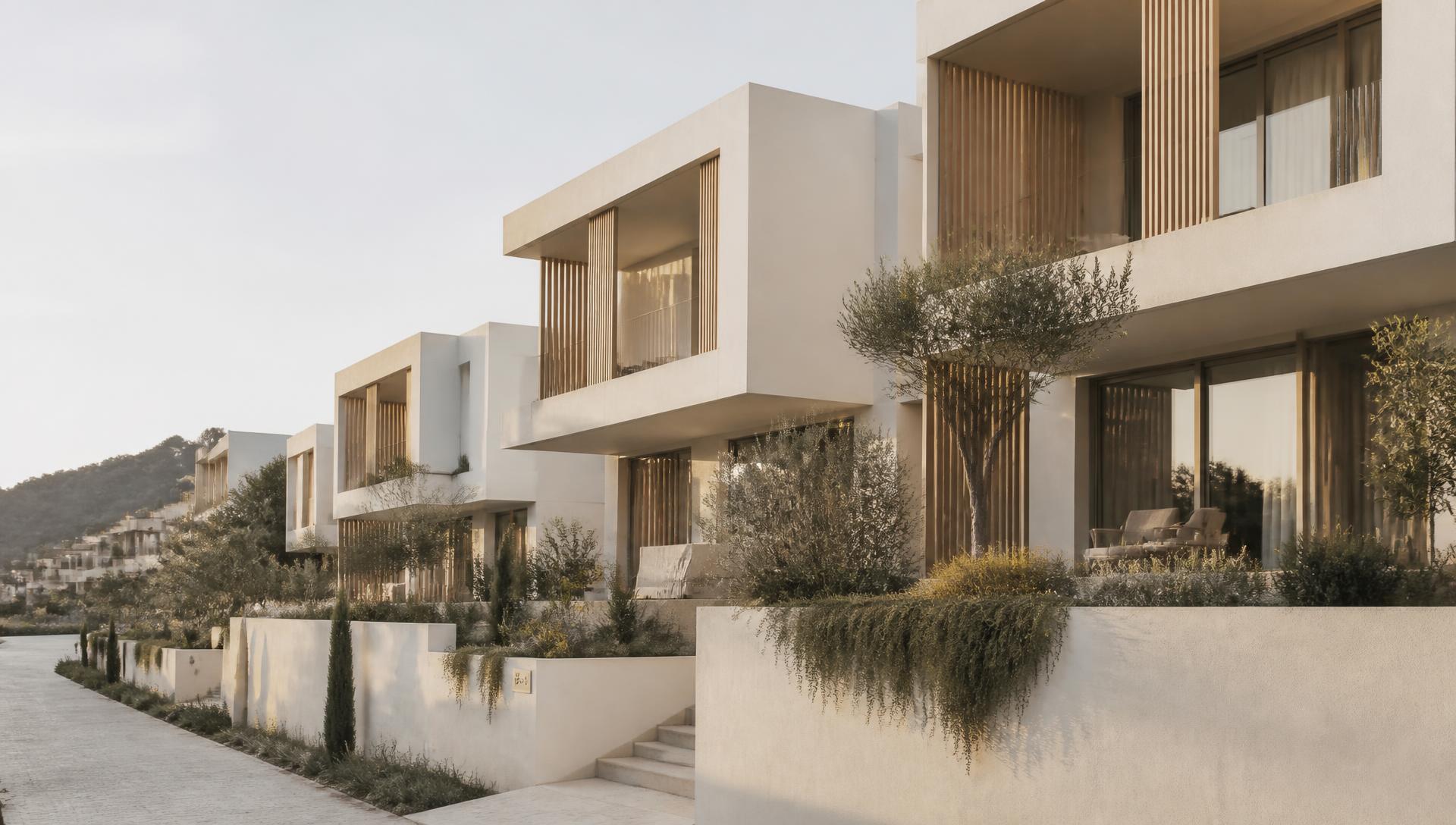 New build apartments, houses and investment residences in Limassol, Cyprus: white rendered volumes with oak screens, deep terraces and olive trees in late afternoon light