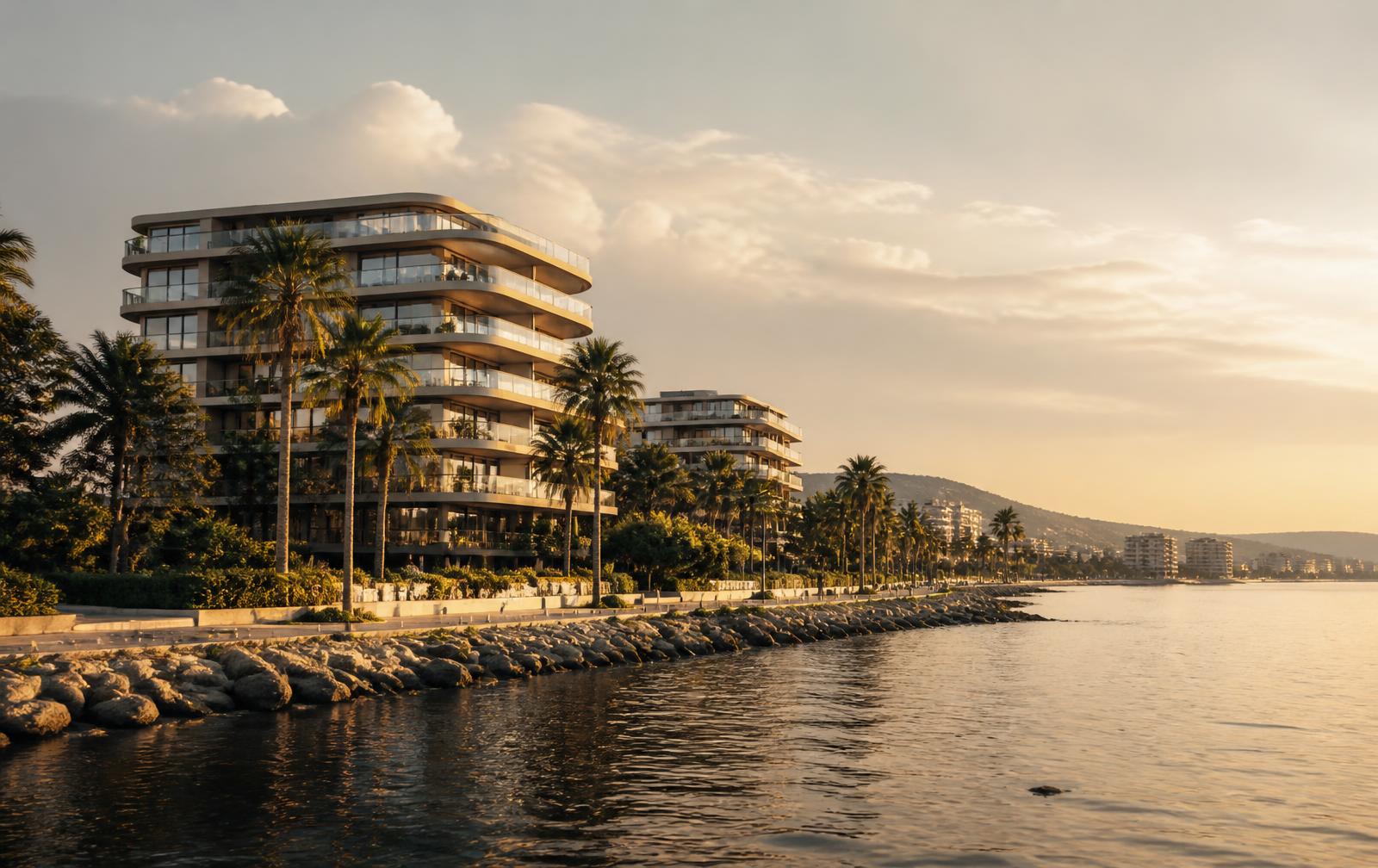 Modern low-rise residential buildings on the Limassol seafront at golden hour