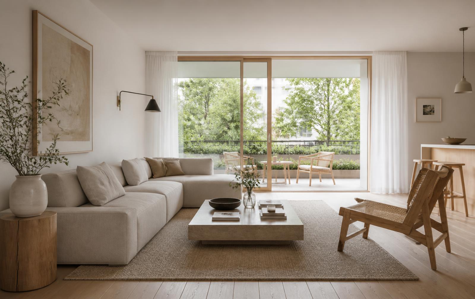 Living room with pale oak flooring, a linen sofa and full-height sliding doors opening to a planted veranda
